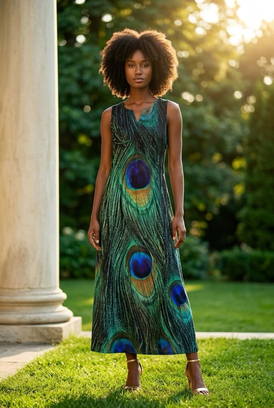 Unbranded Peacock Feather Print Sleeveless V-Neck Maxi Dress Size XXL